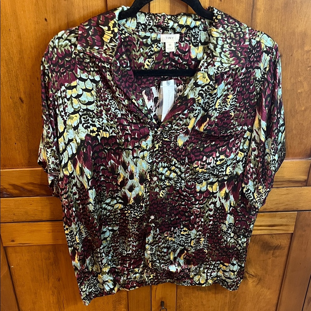 Anthropologie Burgundy, Yellow & Cream Short Sleeve Printed Blouse